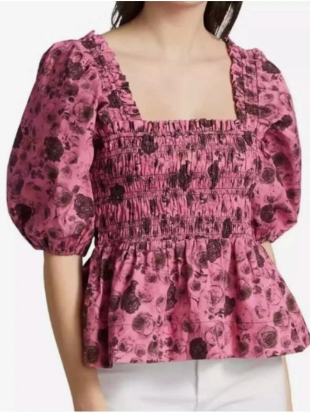 GANNI Pink and Black Floral Smocked Cotton Top